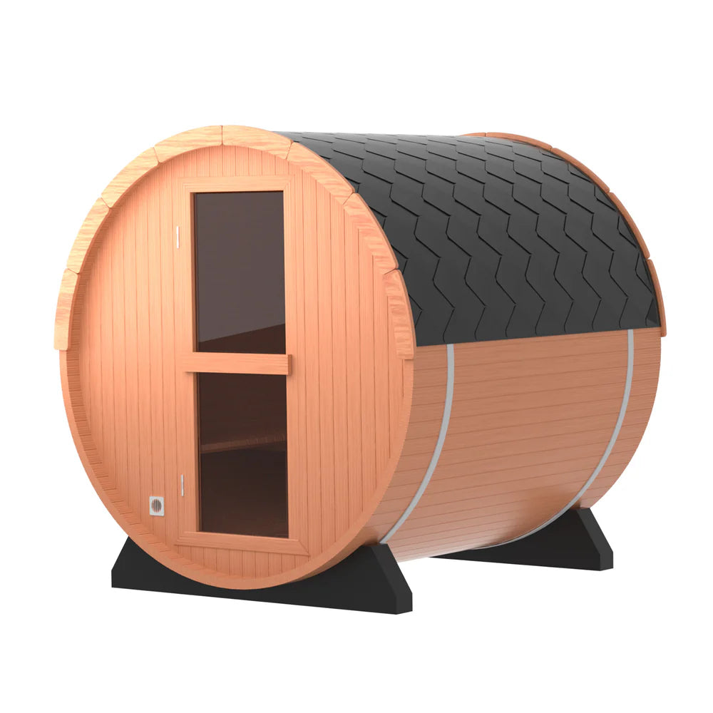 Rok Wellness 4‑Person Patchwork Red Cedar Traditional Steam Barrel Sauna