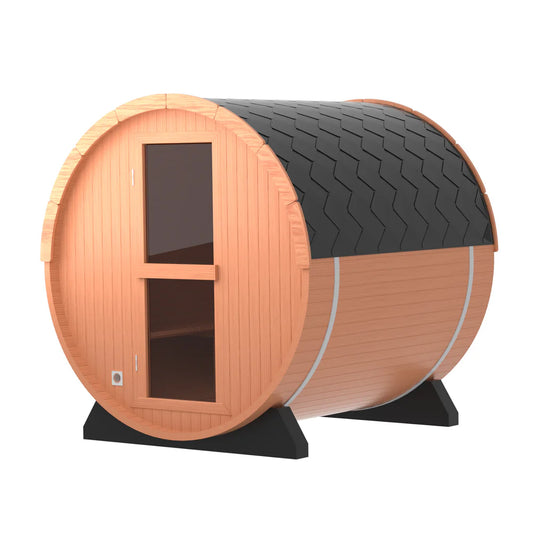 Rok Wellness 4‑Person Patchwork Red Cedar Traditional Steam Barrel Sauna