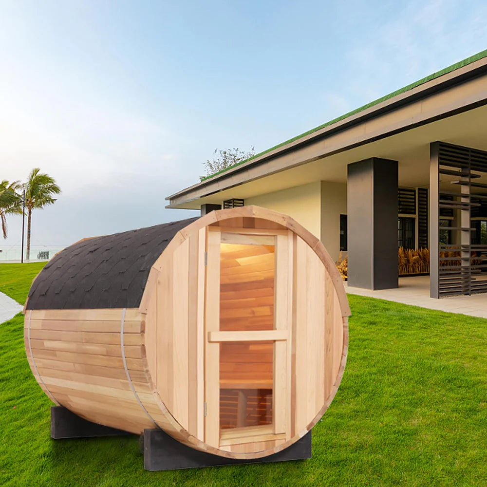 Rok Wellness 4‑Person Patchwork Red Cedar Traditional Steam Barrel Sauna